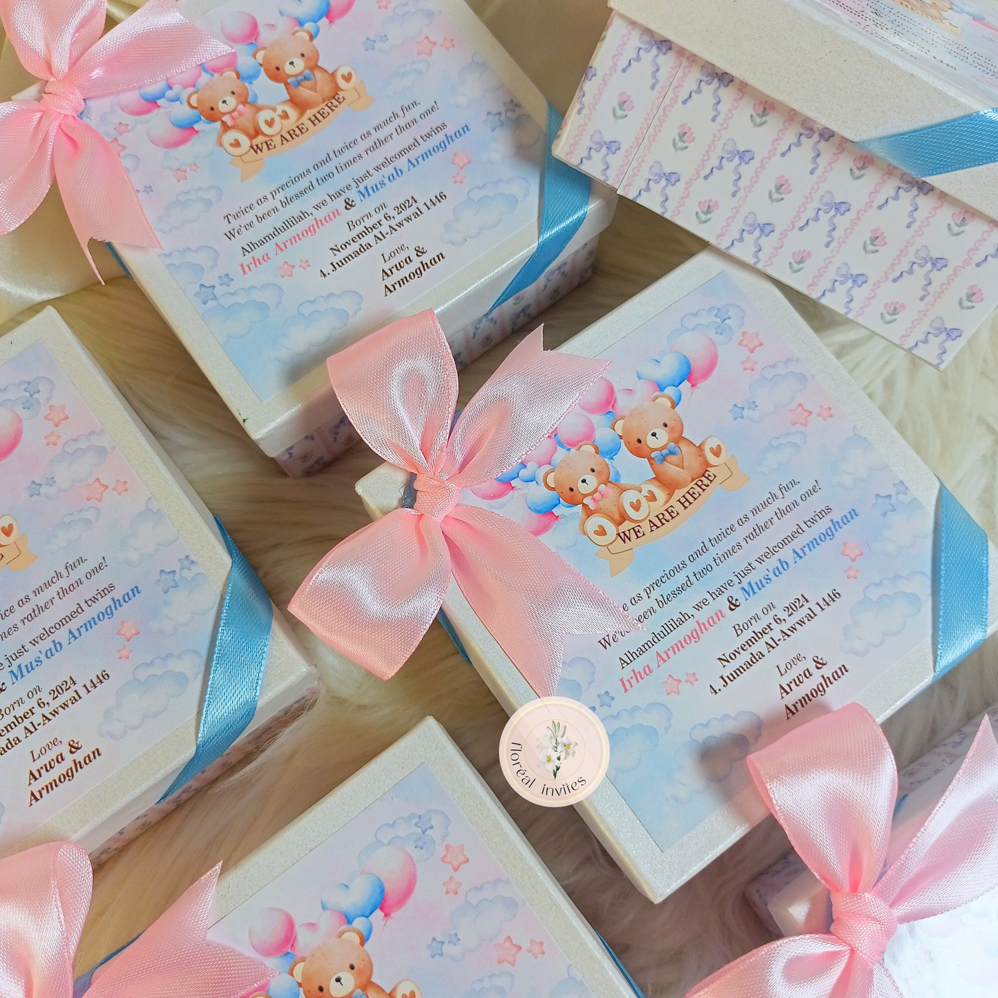 Double Teddies - Twin Baby Announcement Box