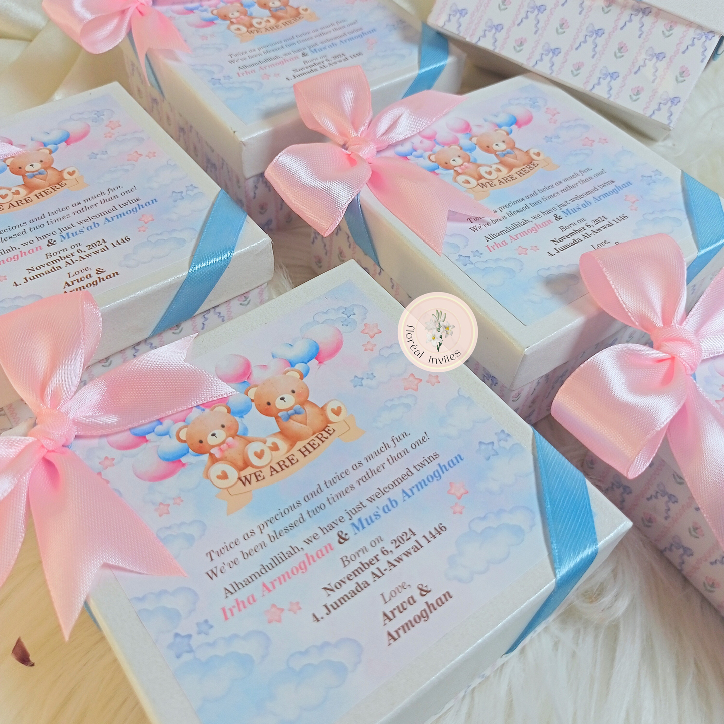 Double Teddies - Twin Baby Announcement Box