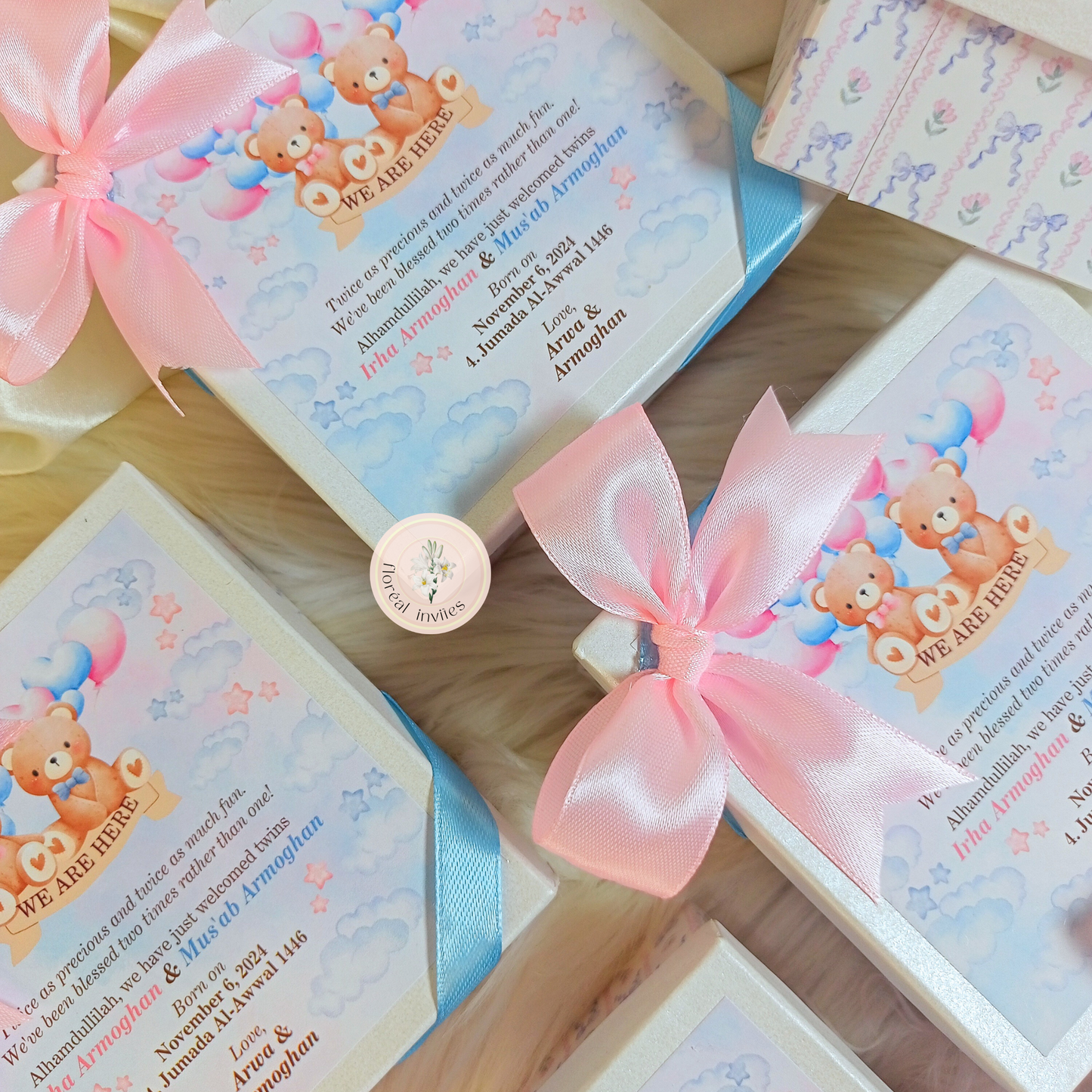 Double Teddies - Twin Baby Announcement Box