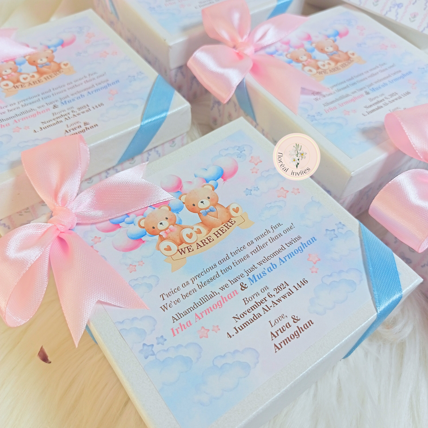 Double Teddies - Twin Baby Announcement Box