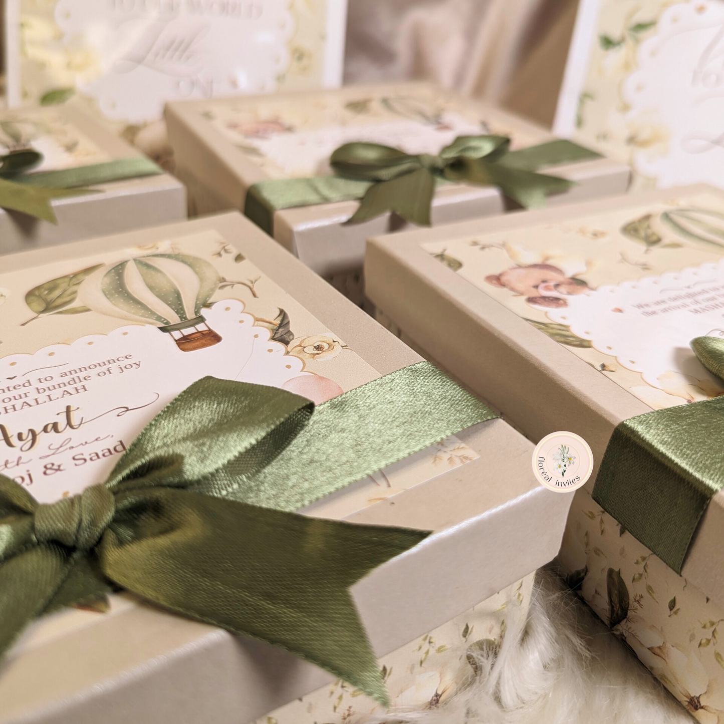 Beige Teddies - Baby Girl Announcement Box