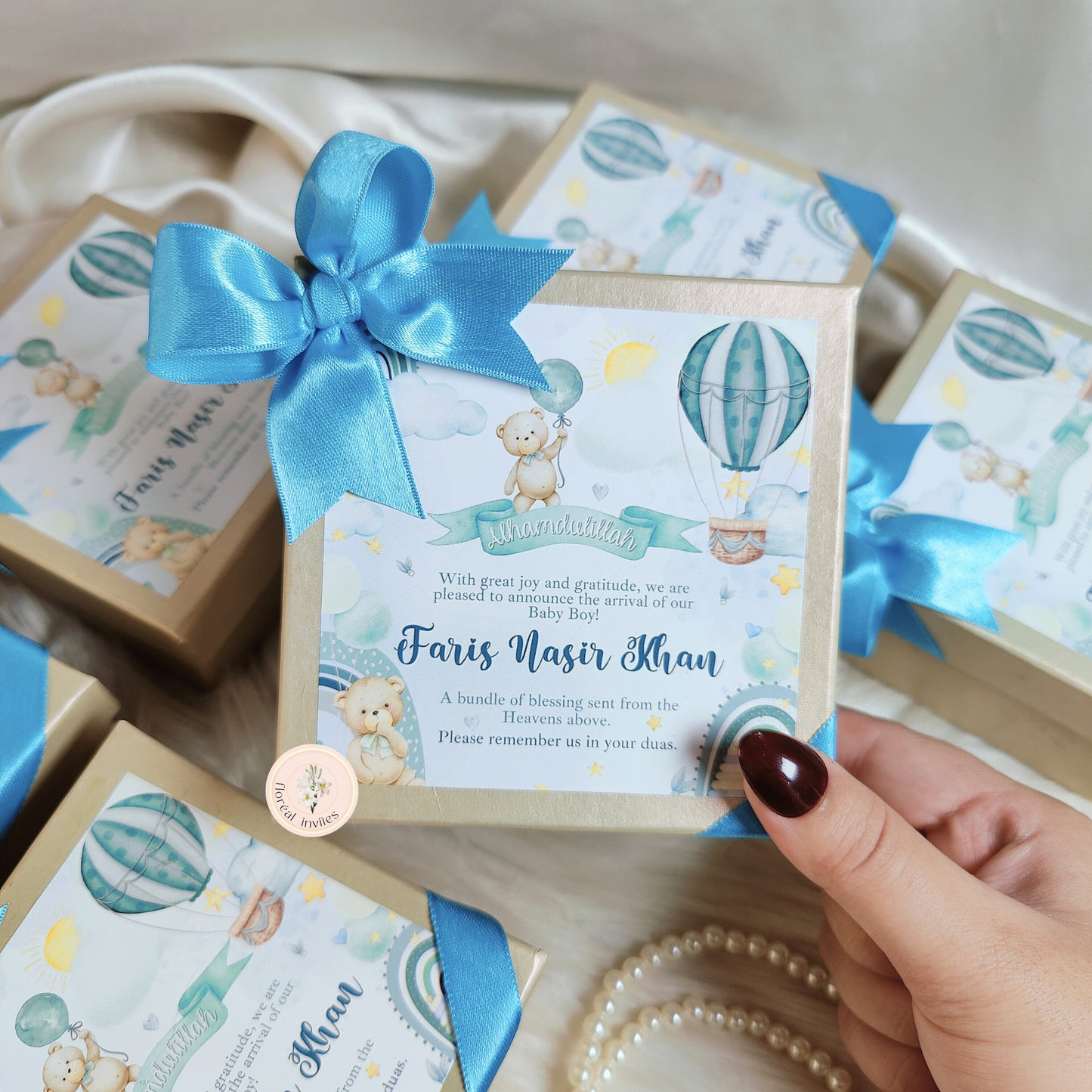 Turquoise Teddies - Baby Boy Announcement Box