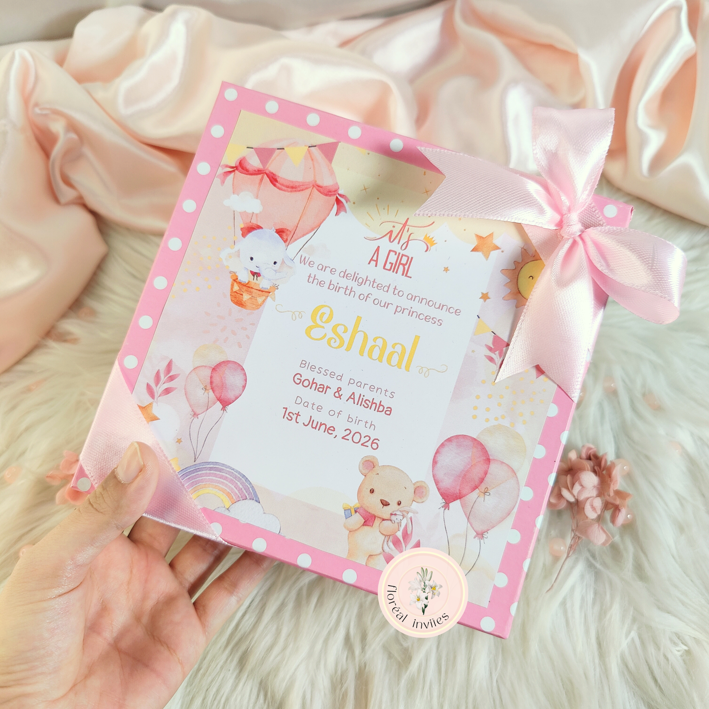 Pink Hearts - (Halfkg 6x6x2) Baby Announcement Box