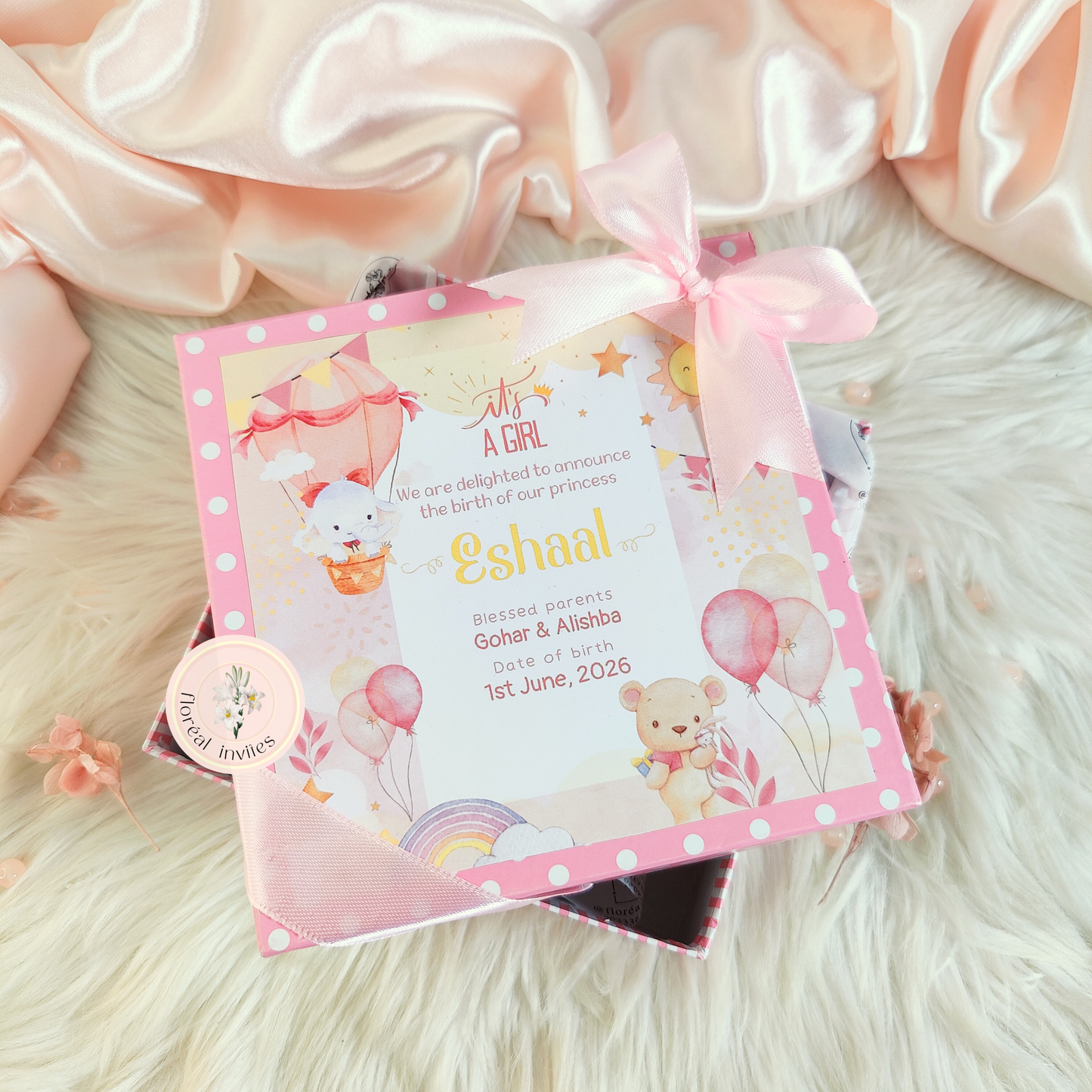 Pink Hearts - (Halfkg 6x6x2) Baby Announcement Box
