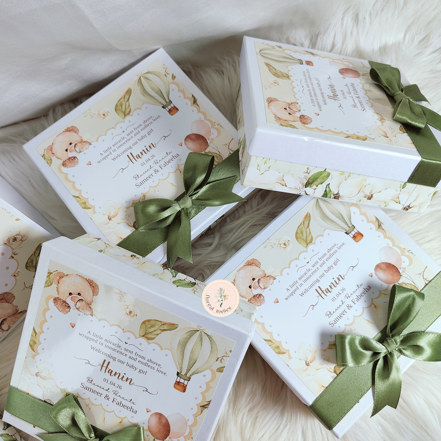 Beige Teddies  - Baby Girl Announcement Box