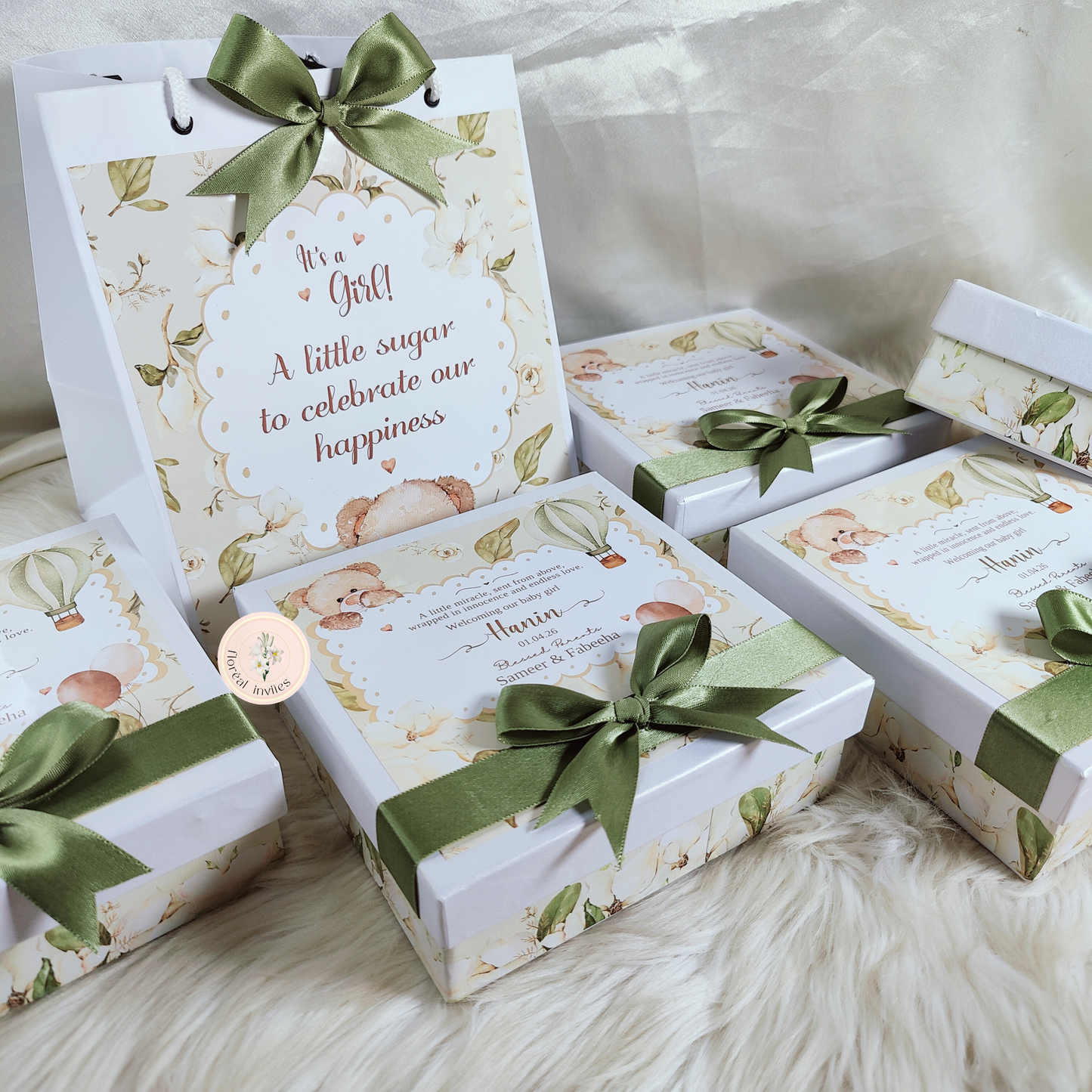 Beige Teddies  - Baby Girl Announcement Box