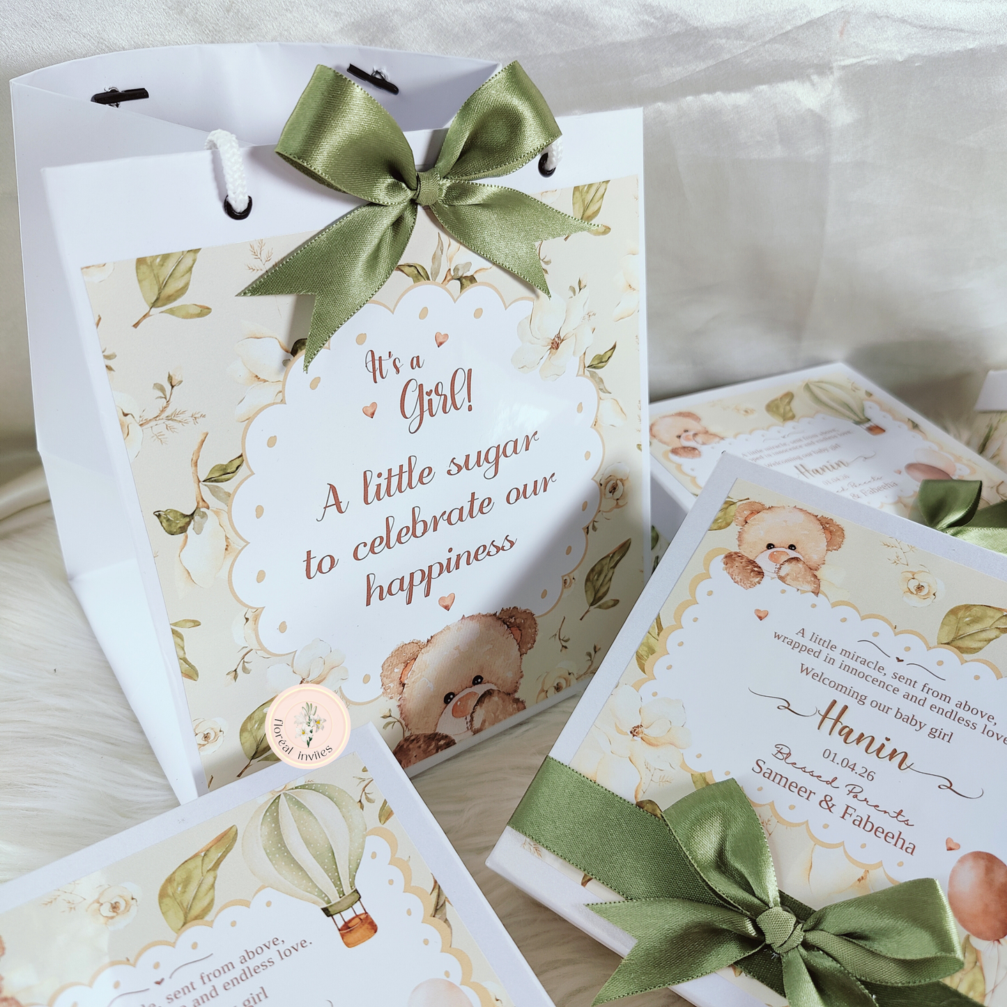Beige Teddies  - Baby Girl Announcement Box