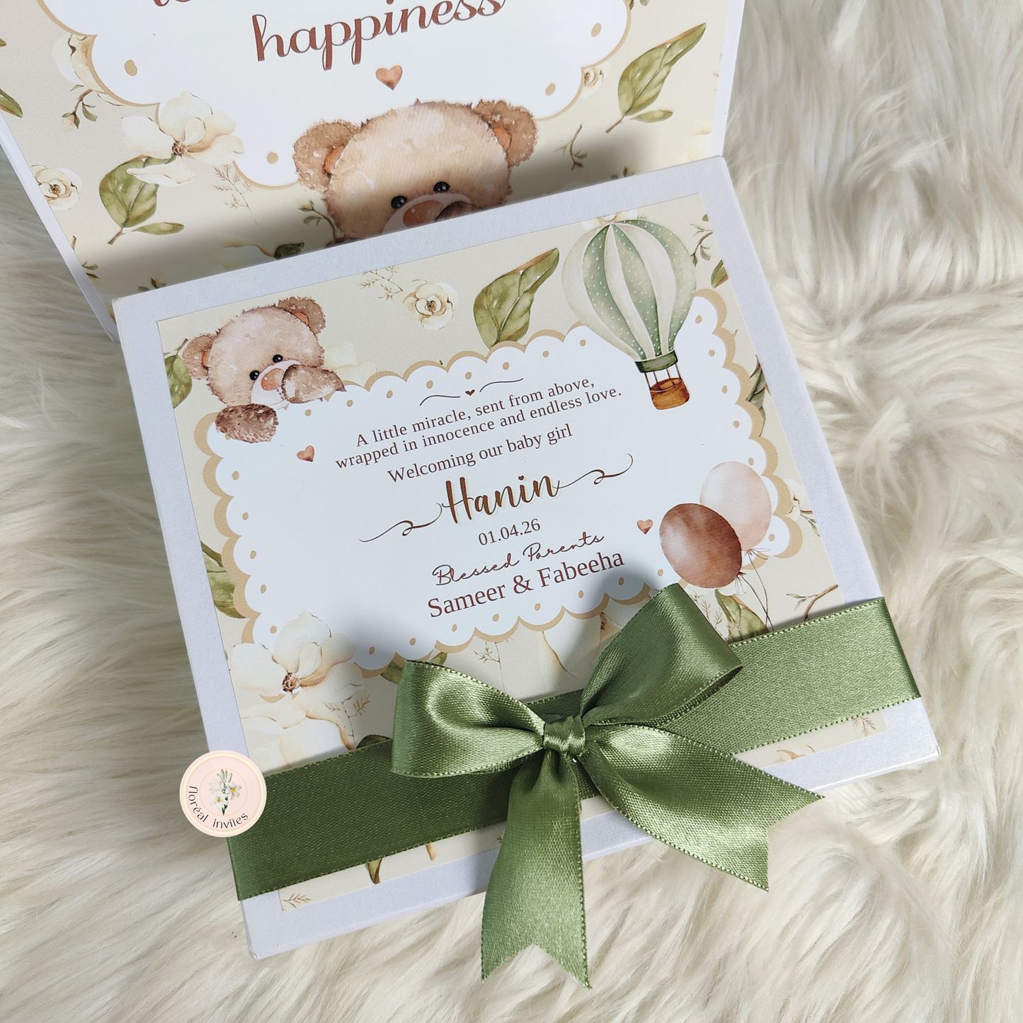 Beige Teddies  - Baby Girl Announcement Box
