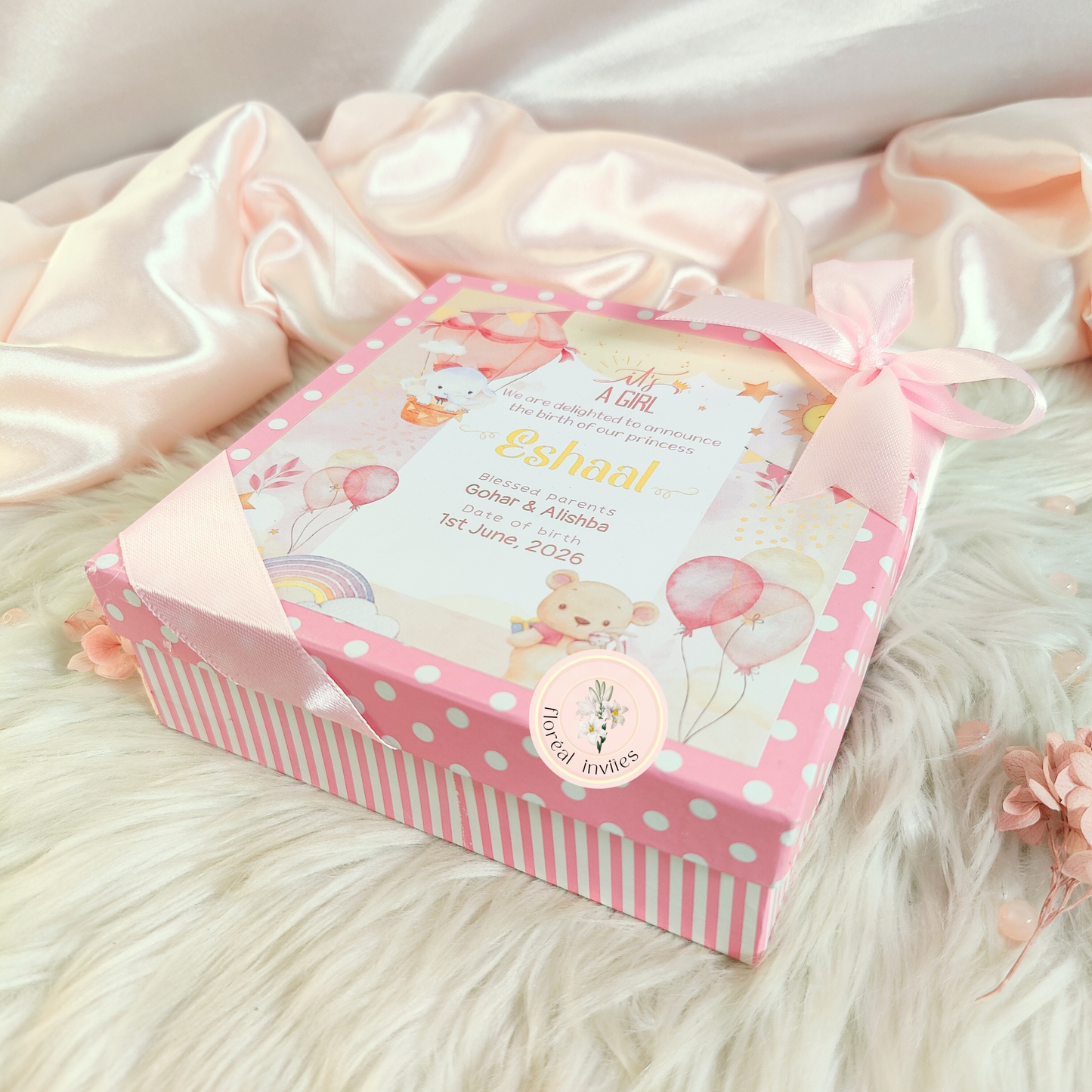 Pink Hearts - (Halfkg 6x6x2) Baby Announcement Box